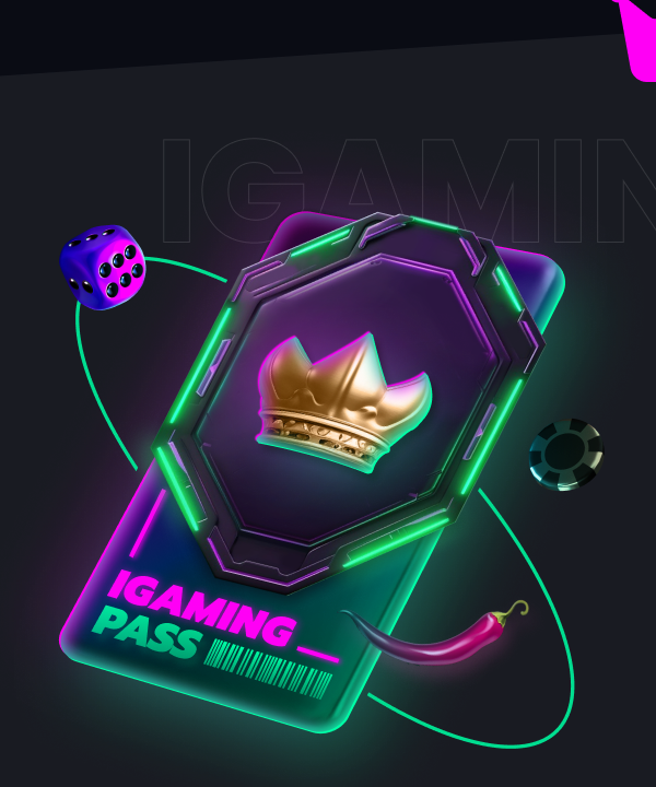 iGaming pass card with neon casino symbols