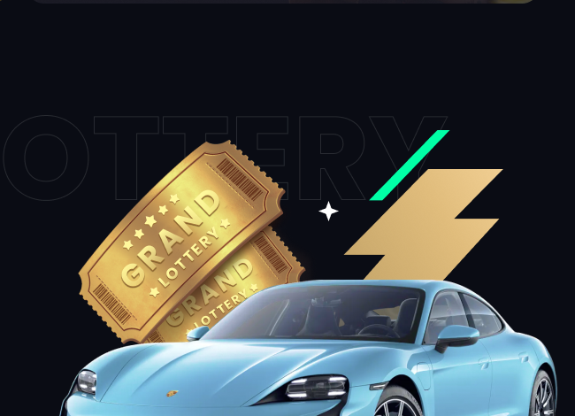 Porsche lottery ticket and blue Porsche car