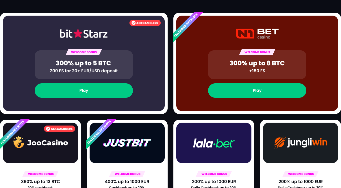 Welcome pack cards from BitStarz, N1 Bet, JooCasino, JustBit, LalaBet and JungliWin